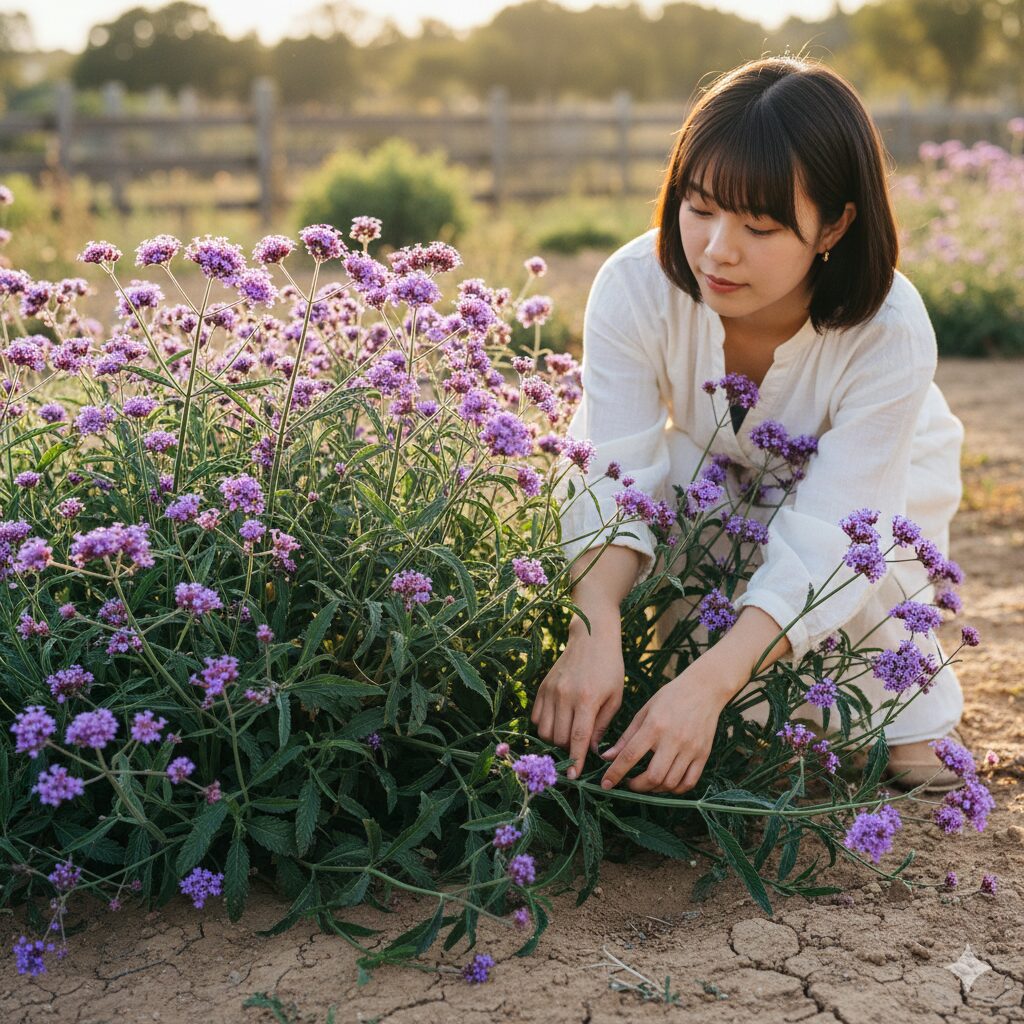 宿根 バーベナ 種類6　　地下茎で広がり乾燥した場所でも力強く開花するバーベナ・リギダの群生