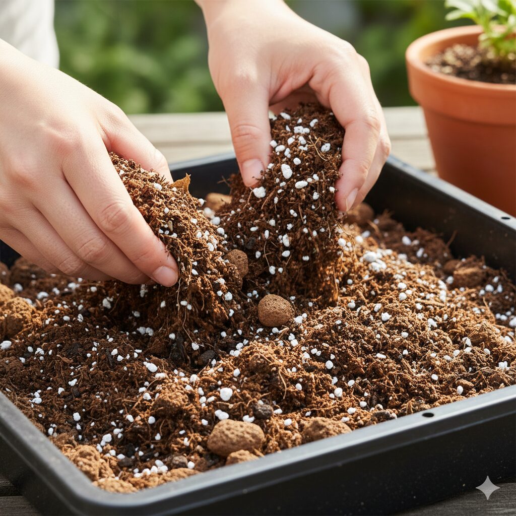 宿根 バーベナ 種類9　　宿根バーベナの根腐れを防ぐためにパーライトや腐葉土を配合した水はけの良い土