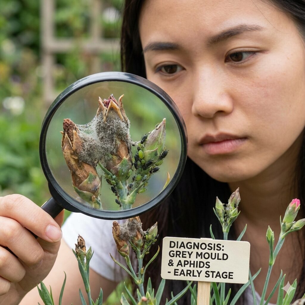 撫子 地植え10　ナデシコの枯れる原因となる灰色かび病の症状と新芽につくアブラムシの被害