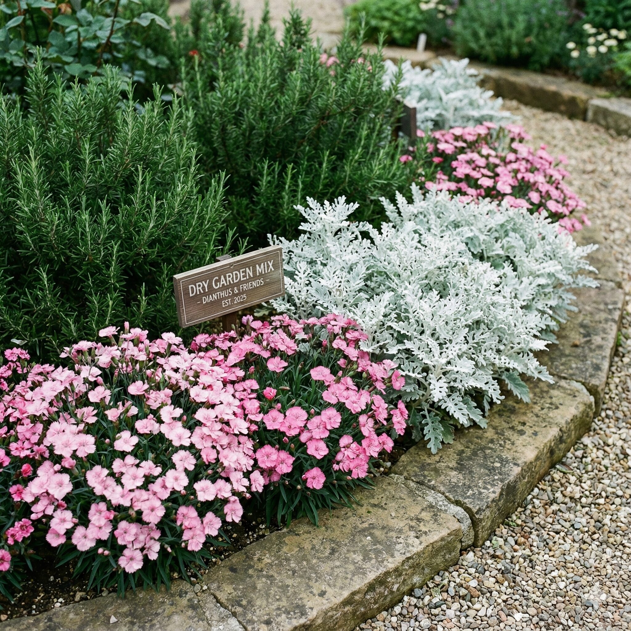 撫子 地植え11　地植えナデシコと相性の良いローズマリーやシロタエギクを組み合わせた混植花壇の例