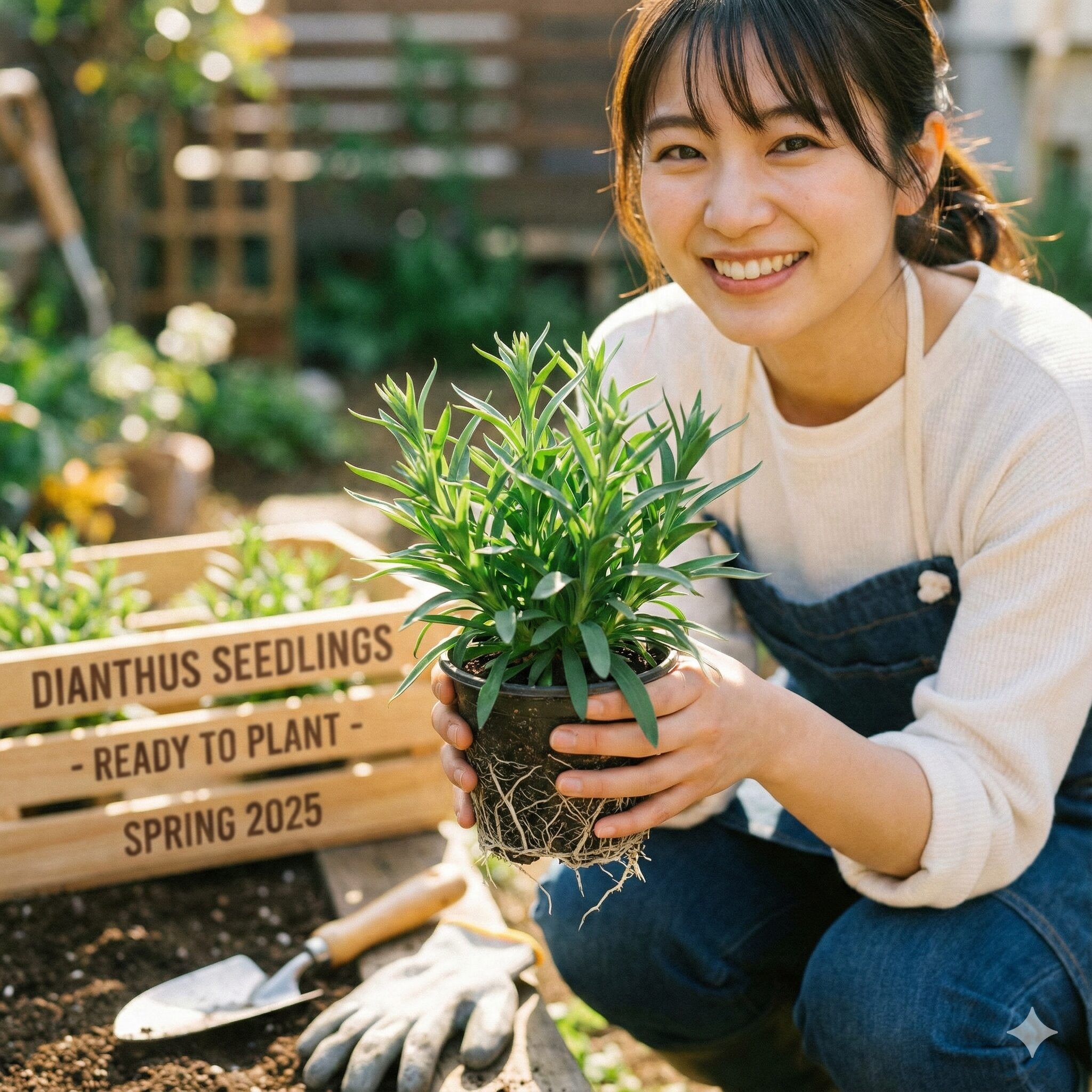撫子 地植え2　地植えに適した時期（春・秋）に用意された、葉の色が良く根が張った健康なナデシコの苗