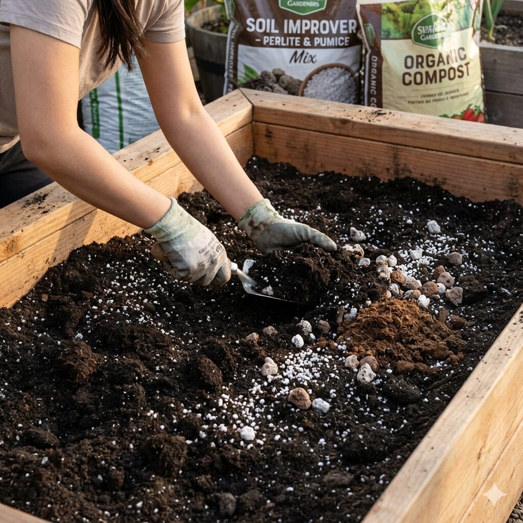 撫子 地植え4　ナデシコの地植えのためにパーライトや腐葉土を混ぜて水はけを改良した団粒構造の土