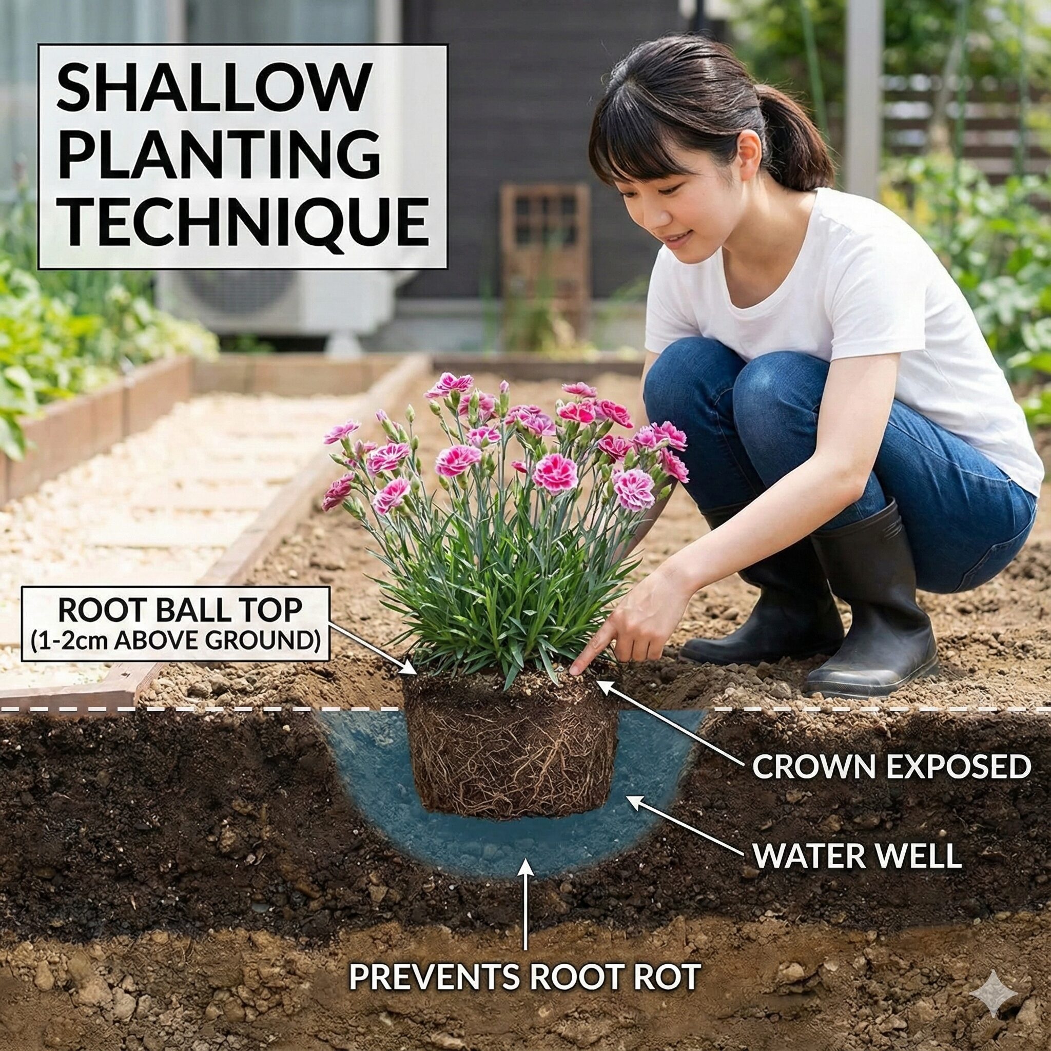 撫子 地植え5　根腐れと立枯病を防ぐナデシコの浅植え（高植え）の正しい深さを示す図解