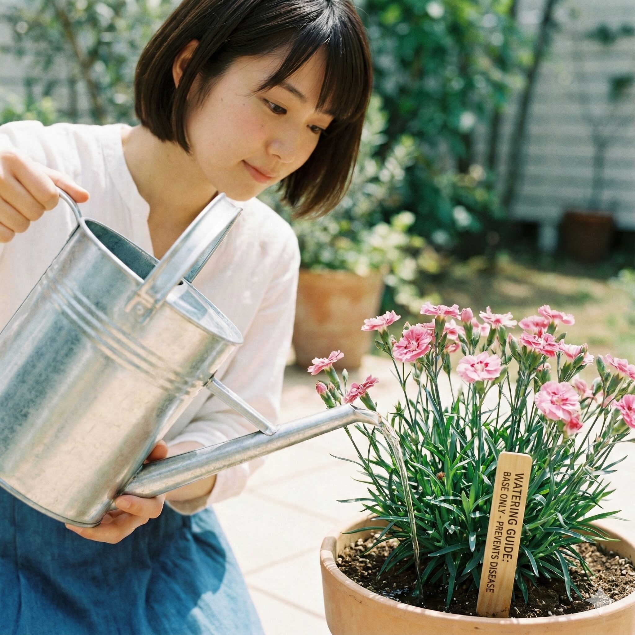 撫子 地植え7　泥はねと蒸れを防ぐため株元に静かに注ぐナデシコの正しい水やり方法