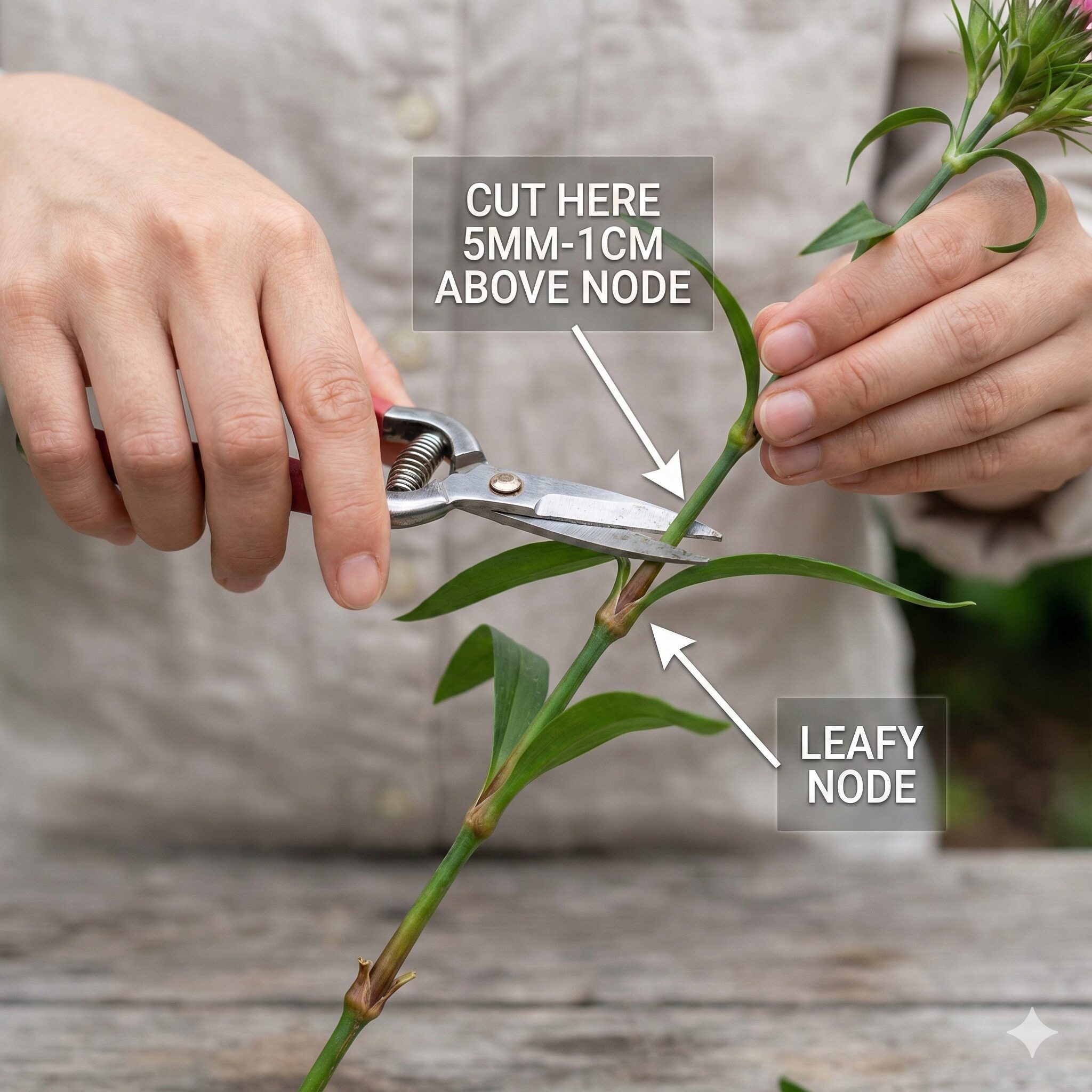 撫子 地植え8　梅雨前の蒸れ防止対策として緑の葉を残した節の上で行うナデシコの切り戻し位置