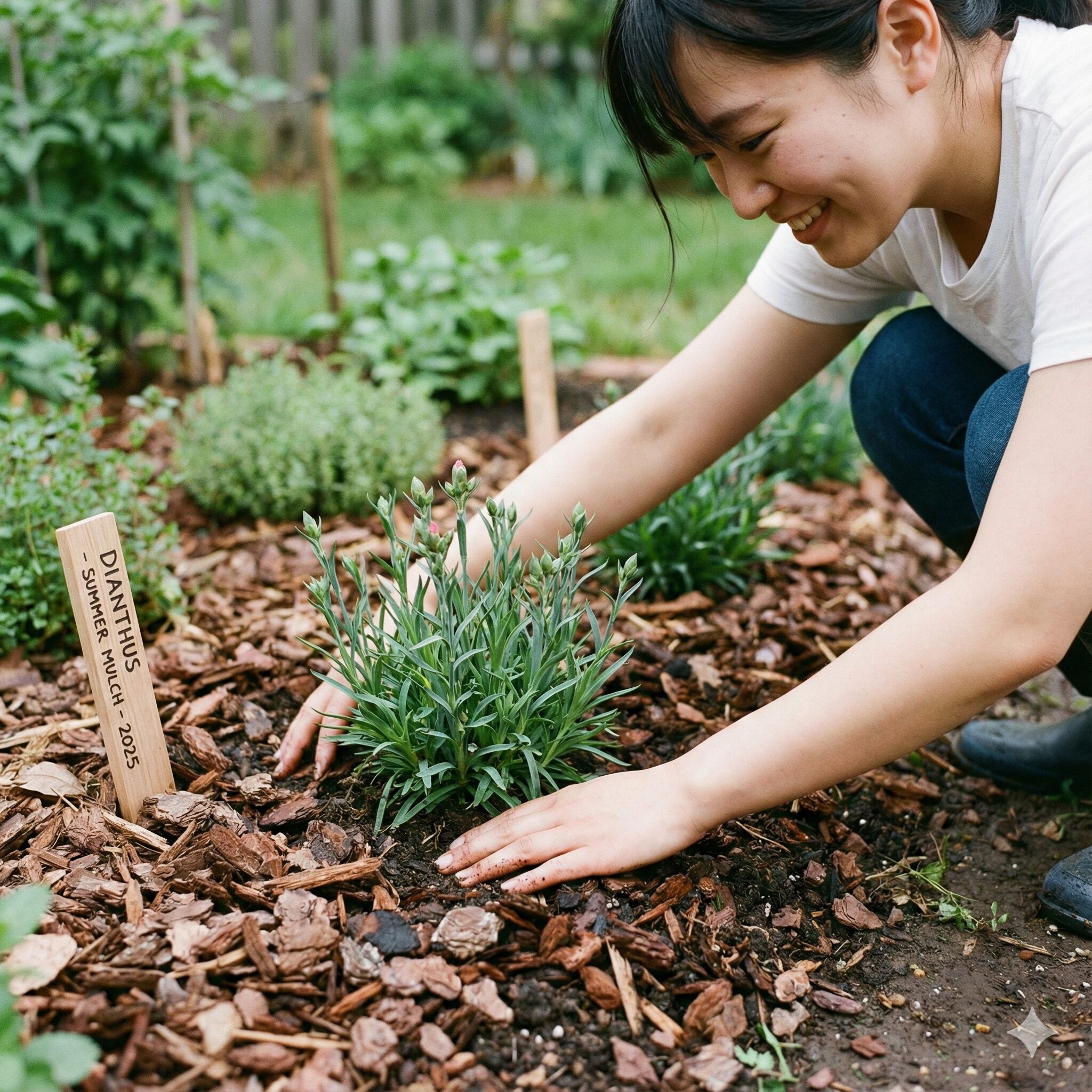 撫子 地植え9　夏の地温上昇と冬の霜柱を防ぐためにバークチップでマルチングされたナデシコの株元