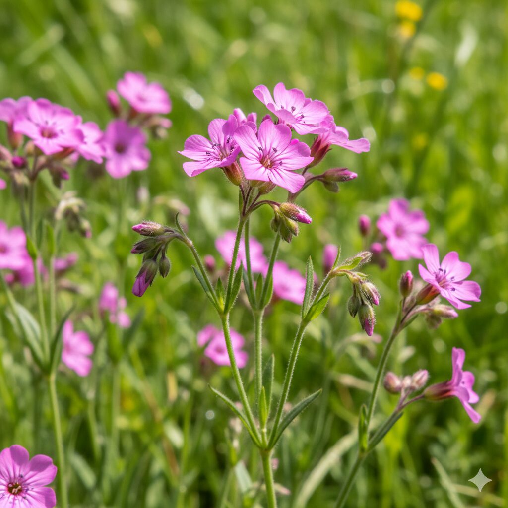 撫子 花言葉 怖い1　道端に咲く可愛らしいピンク色のムシトリナデシコの花と茎