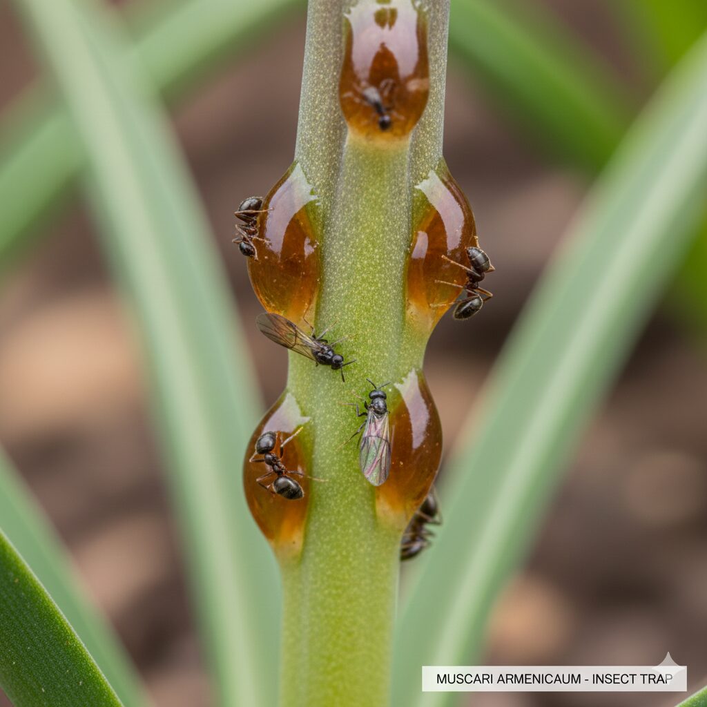 撫子 花言葉 怖い2　ムシトリナデシコの茎から分泌される粘液と捕らえられた小さな虫の拡大写真