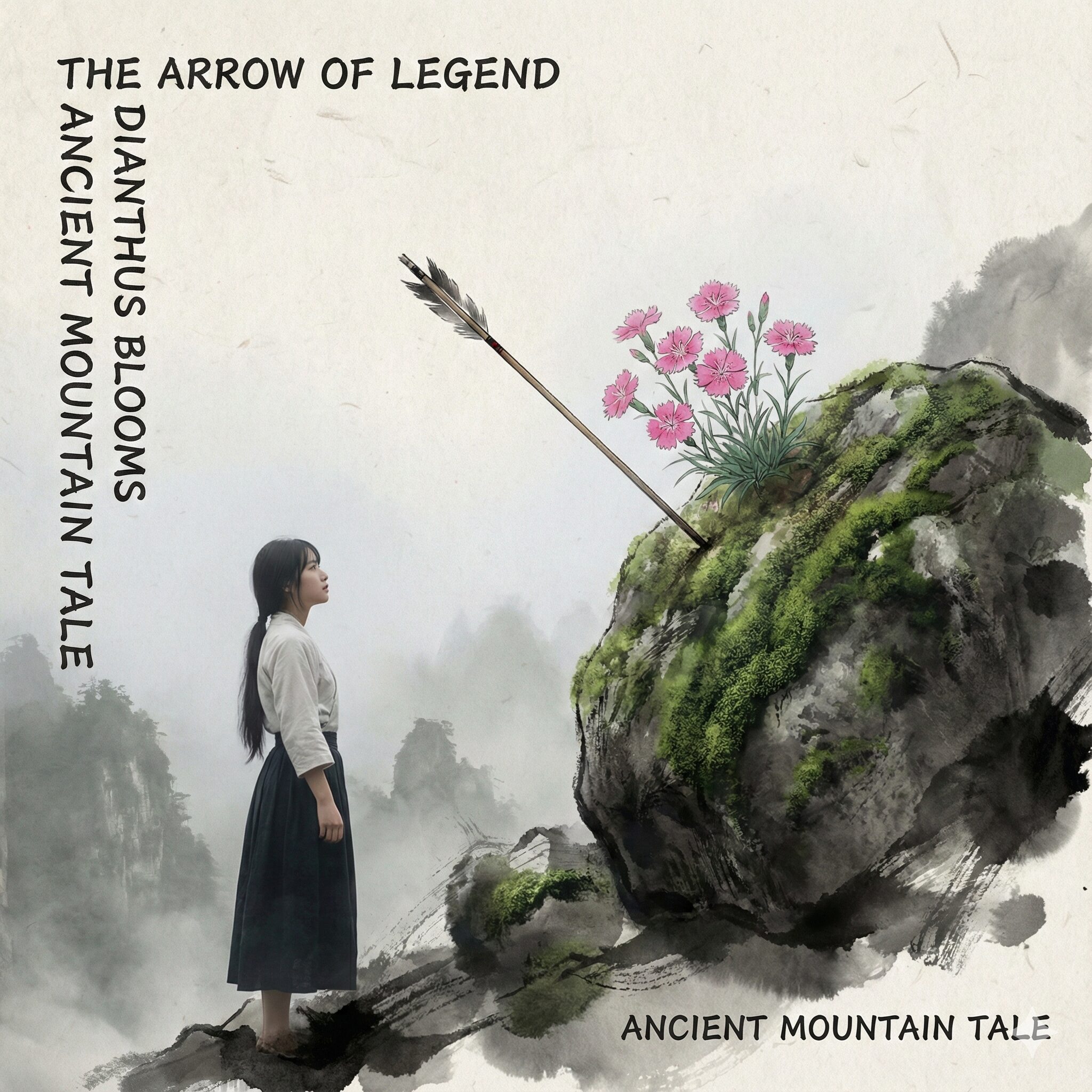 撫子 花言葉 怖い4　巨石に突き刺さった矢から花が咲くセキチクの伝説を描いたイメージイラスト