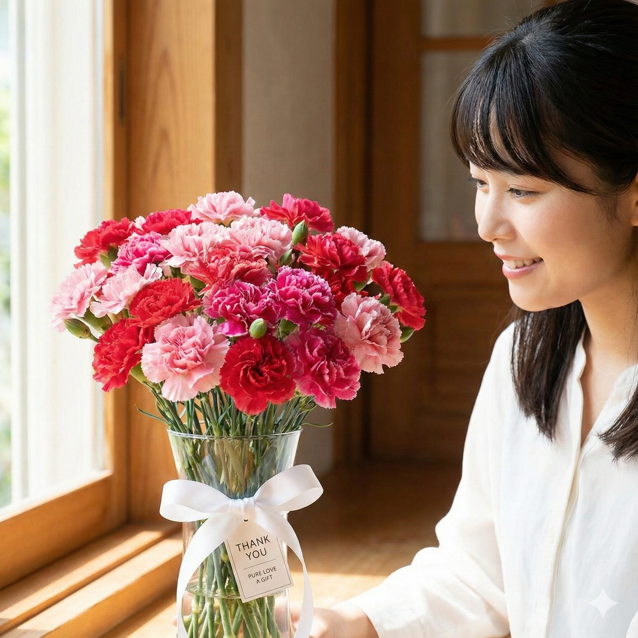 撫子 花言葉 怖い9　花言葉の純愛を伝えるプレゼントに最適なピンクと赤のナデシコのアレンジメント