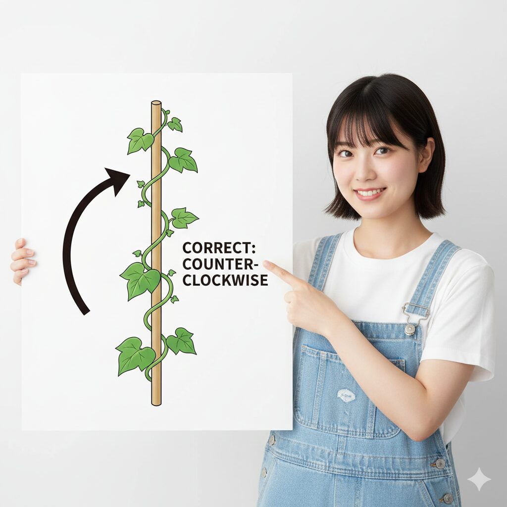 朝顔 つるの巻き方2　図解：朝顔のつるを支柱に巻く方向は上から見て反時計回り
