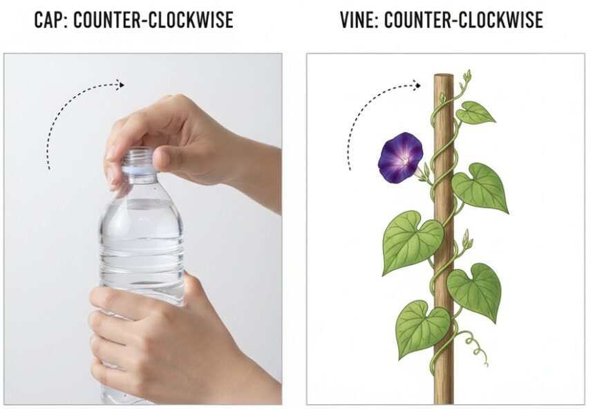 朝顔 つるの巻き方3　ペットボトルのキャップを開ける方向と朝顔のつるの巻き方の比較図