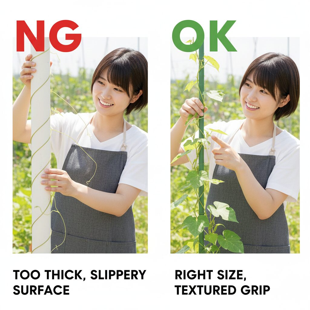 朝顔 つるの巻き方4　朝顔のつるが巻きつける支柱の太さと巻きつけない太いパイプの比較
