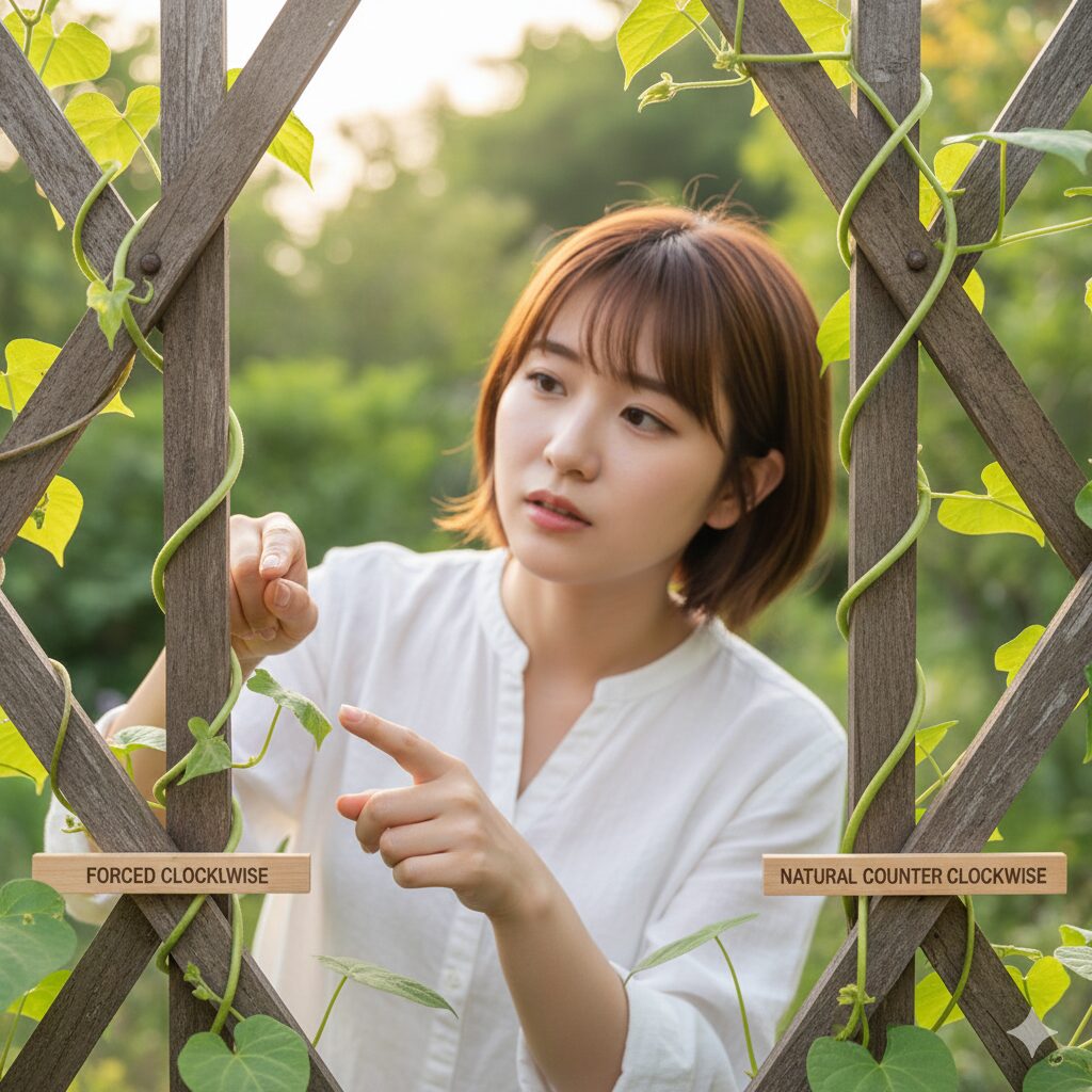 朝顔 つるの巻き方5　逆方向に巻いてねじれた朝顔の茎と正しく巻かれた茎の違い