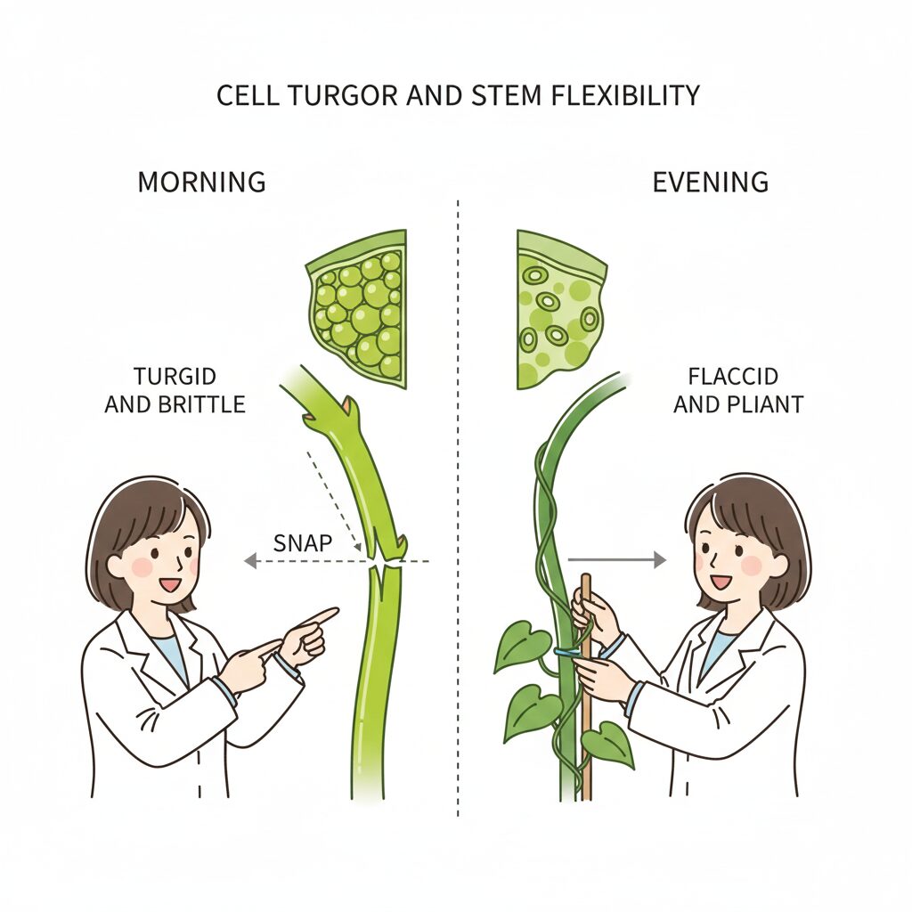 朝顔 つるの巻き方6　朝の折れやすい茎と夕方のしなやかな茎の水分量の違いを示す図