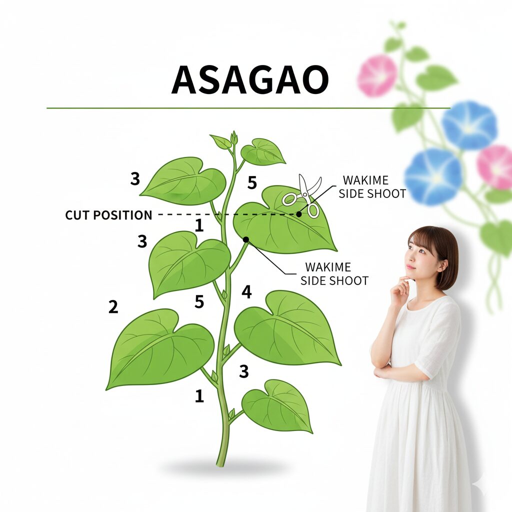 朝顔 つるの巻き方7　朝顔の摘心（ピンチ）をする正しい位置と脇芽を示す図解