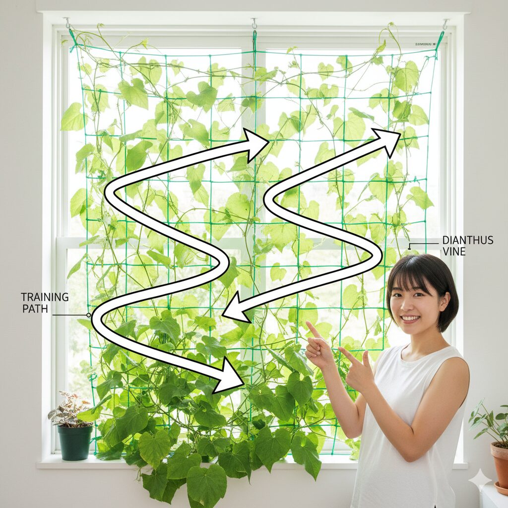 朝顔 つるの巻き方8　グリーンカーテンを隙間なく作るためのつるのジグザグ誘引方法