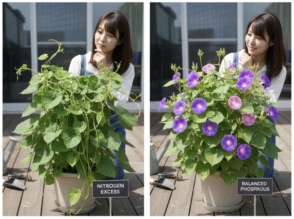 朝顔 つるの巻き方9　肥料過多で葉ばかり茂るつるぼけ状態と健康な開花株の比較