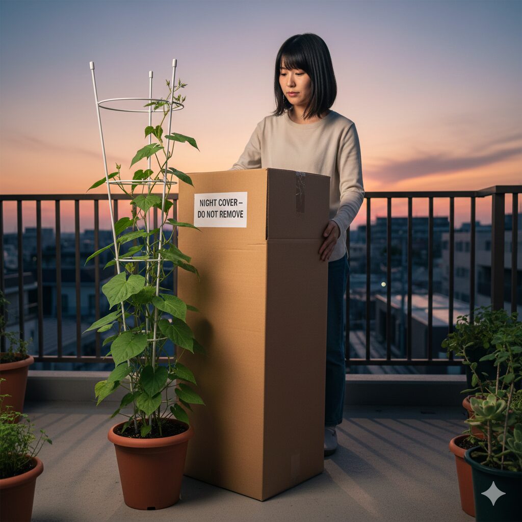 朝顔 植える時期10　夜間の光害を防ぎ花芽形成を促すため、夕方に朝顔の鉢植え全体に段ボール箱を被せる短日処理の様子。