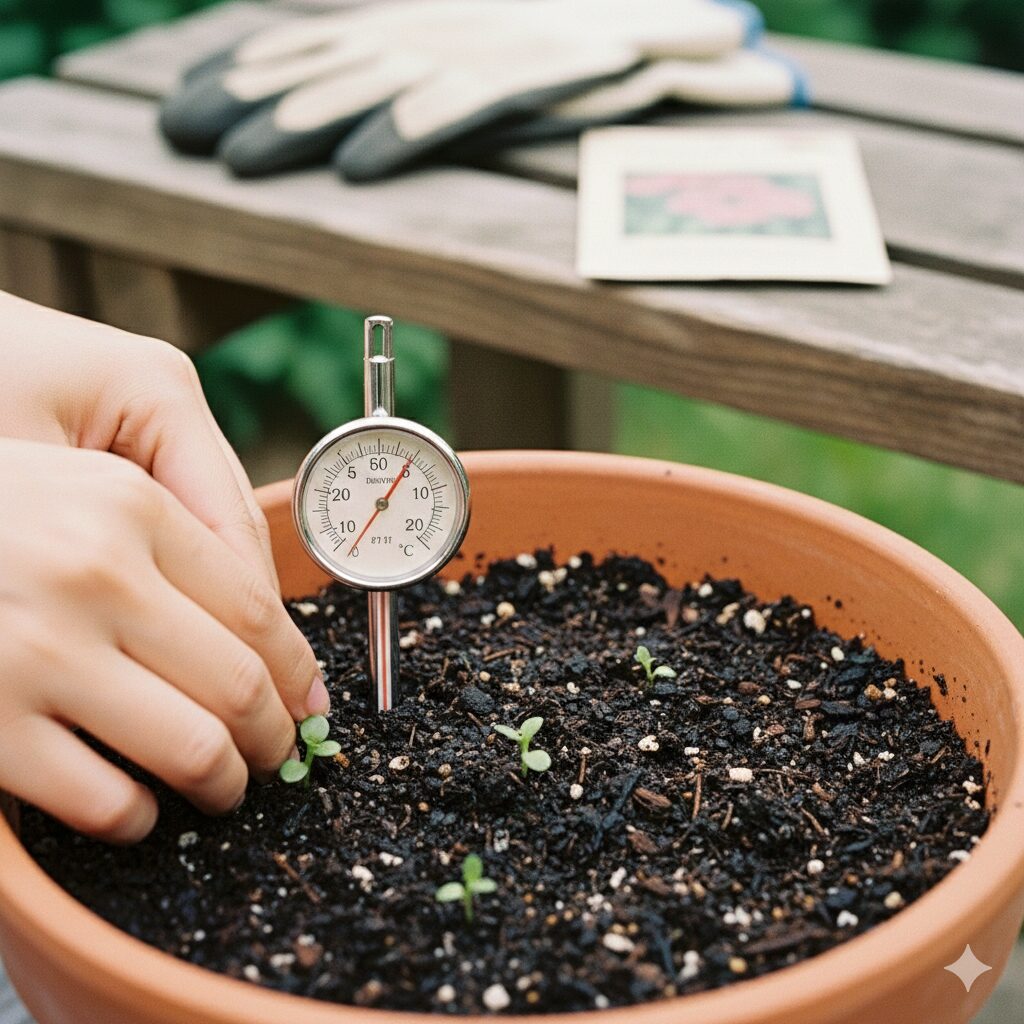 朝顔 植える時期2　朝顔の発芽適温である地温22℃付近を指し示している園芸用地温計のクローズアップ。