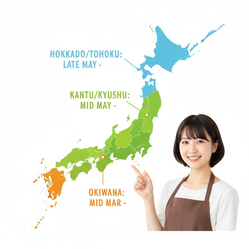朝顔 植える時期3　日本地図で示す、北海道から沖縄までの地域別朝顔種まき適期カレンダーのイラストマップ。