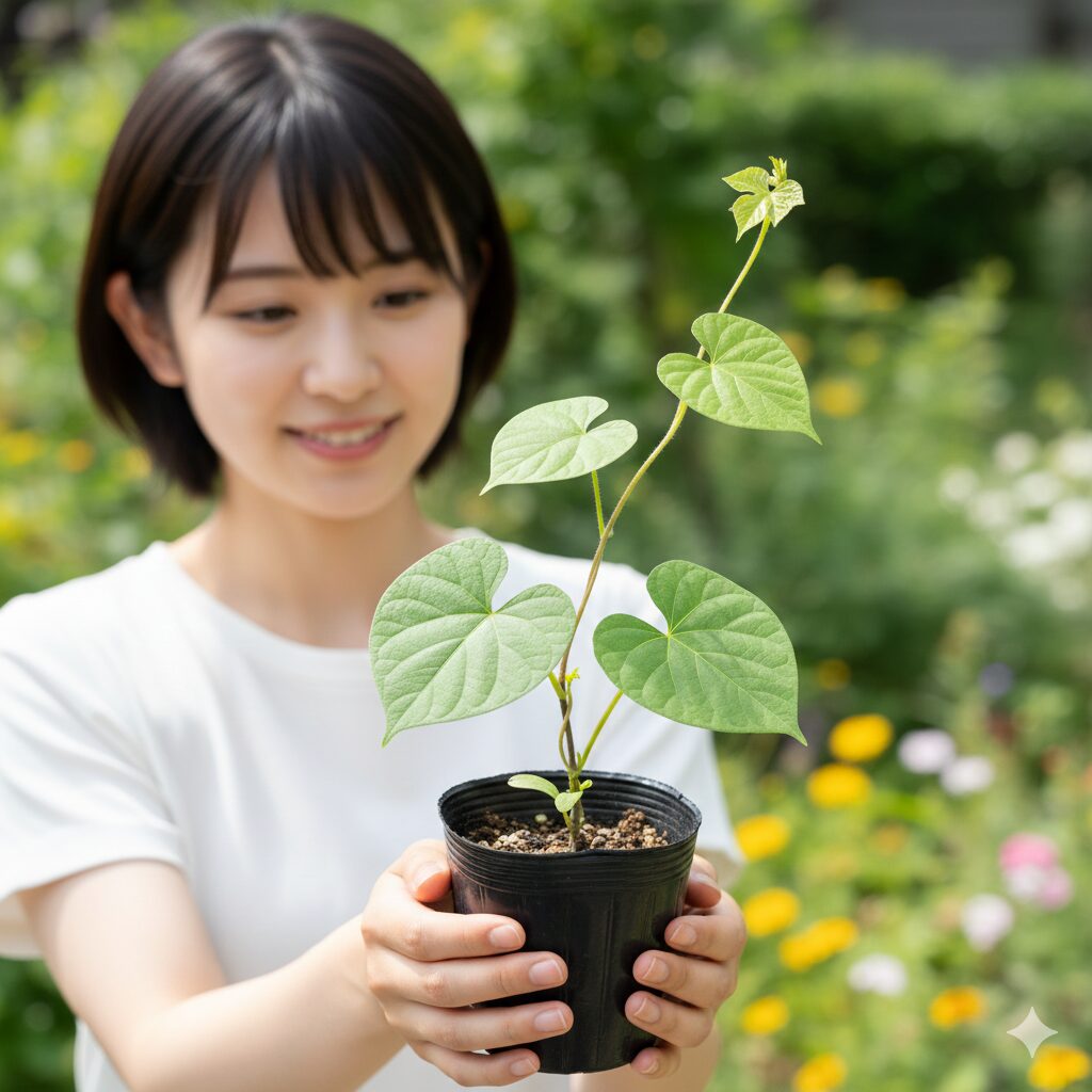 朝顔 植える時期4　本葉が3〜4枚展開し、プランターへの定植に最適な時期を迎えた健康な朝顔のポット苗。
