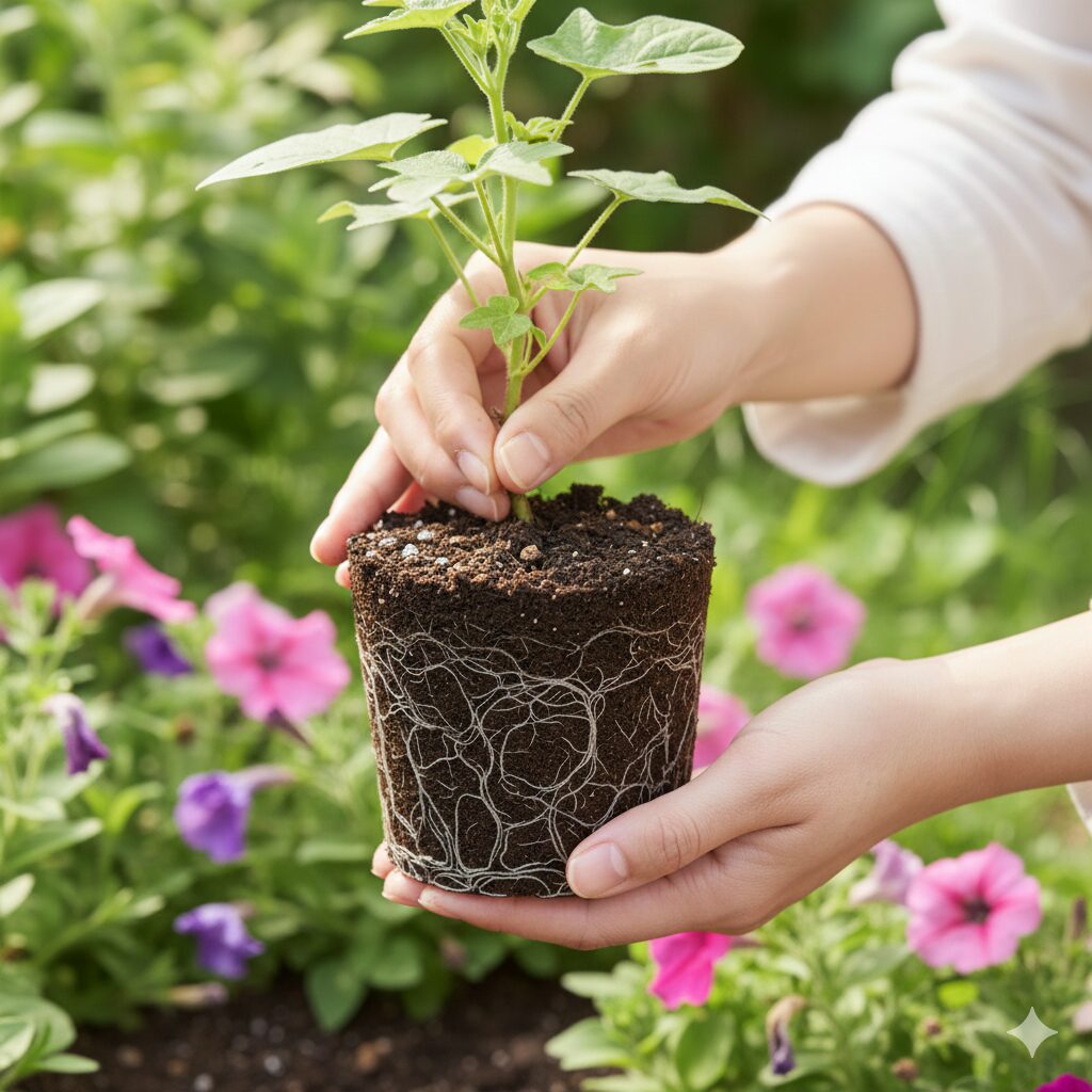 朝顔 植える時期5　根鉢を崩さないようにポットから優しく取り出された、移植直前の朝顔の苗。