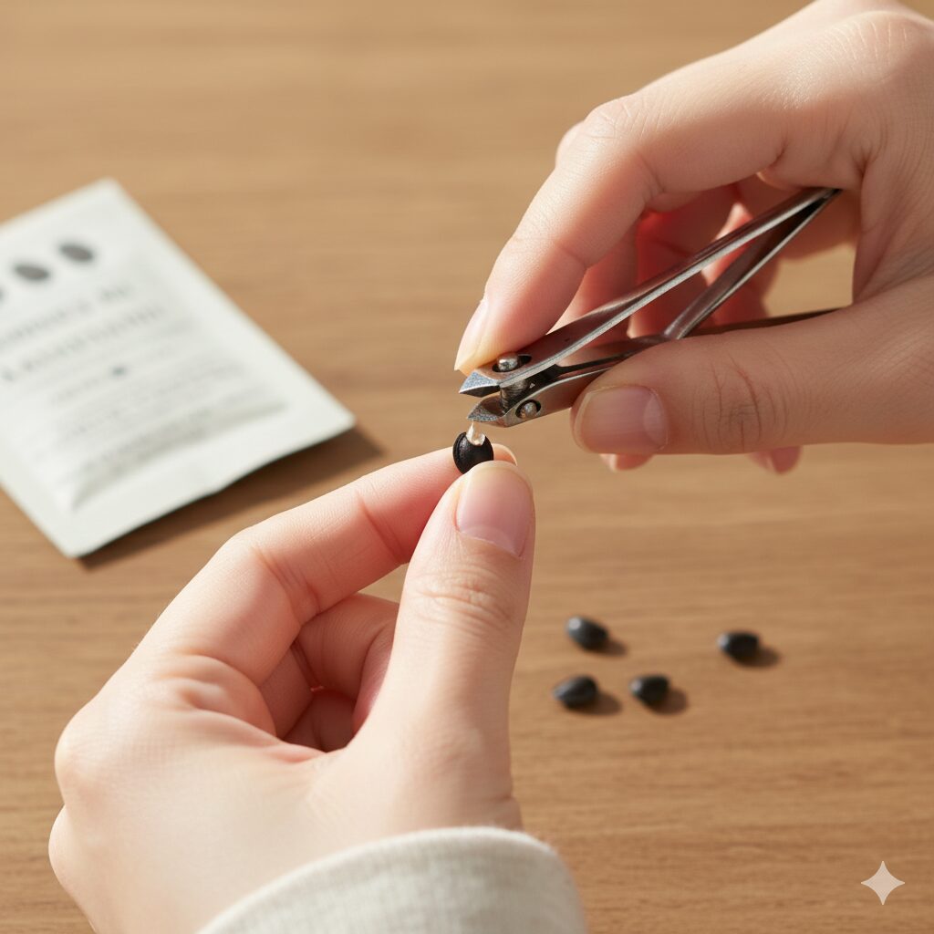 朝顔 植える時期6　発芽率を高めるため、爪切りを使って朝顔の種の背中側を少しカットする芽切り作業の様子。