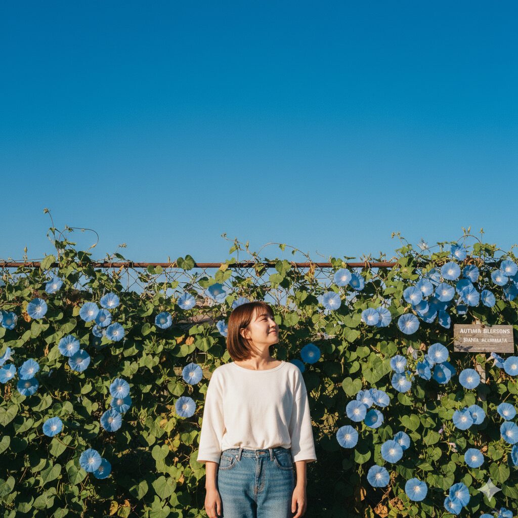 朝顔 植える時期7　秋空の下で鮮やかな空色の花を一面に咲かせる、遅植えに適した西洋朝顔「ヘブンリーブルー」。
