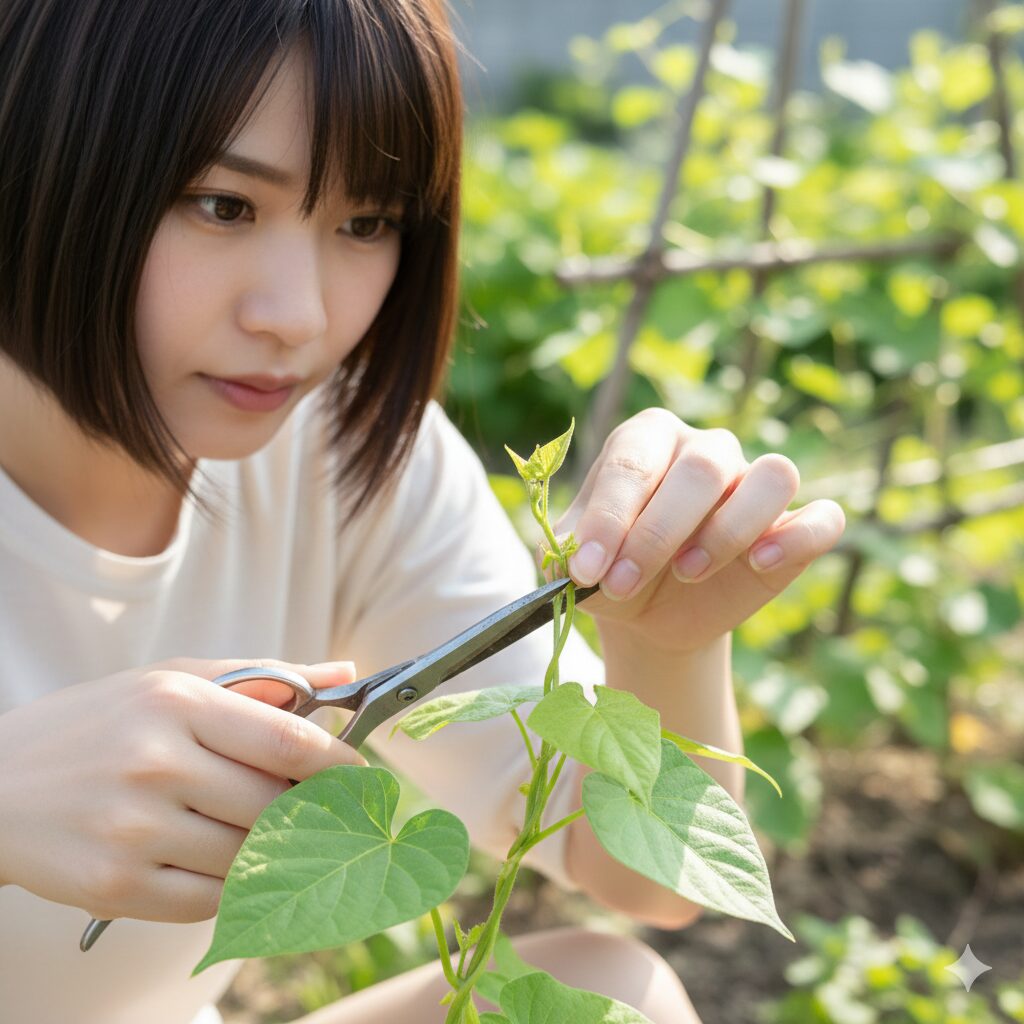 朝顔 植える時期8　脇芽を増やして花数を多くするために、朝顔のつるの先端を摘み取る摘芯作業の様子。