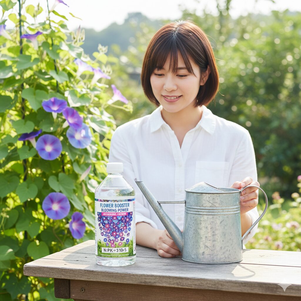 朝顔 植える時期9　つるボケ対策として使用する、リン酸成分が多く配合された開花促進用の液体肥料とじょうろ。