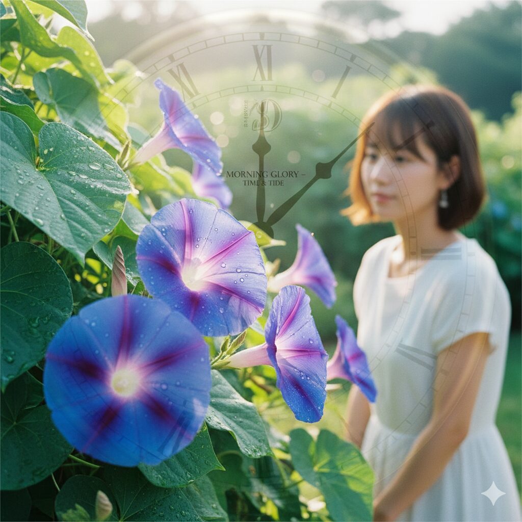 朝顔いつ咲く1　朝日に照らされて咲く朝顔の花と時計のイメージ。朝顔がいつ咲くかという時間の疑問を象徴するアイキャッチ画像