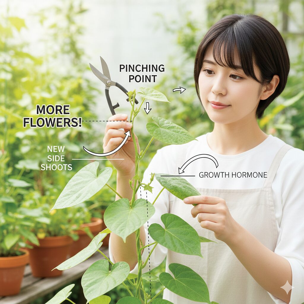 朝顔いつ咲く10　朝顔の摘芯（てきしん）の位置を示す図解。親づるの先端を切って脇芽を増やし花数を多くする方法