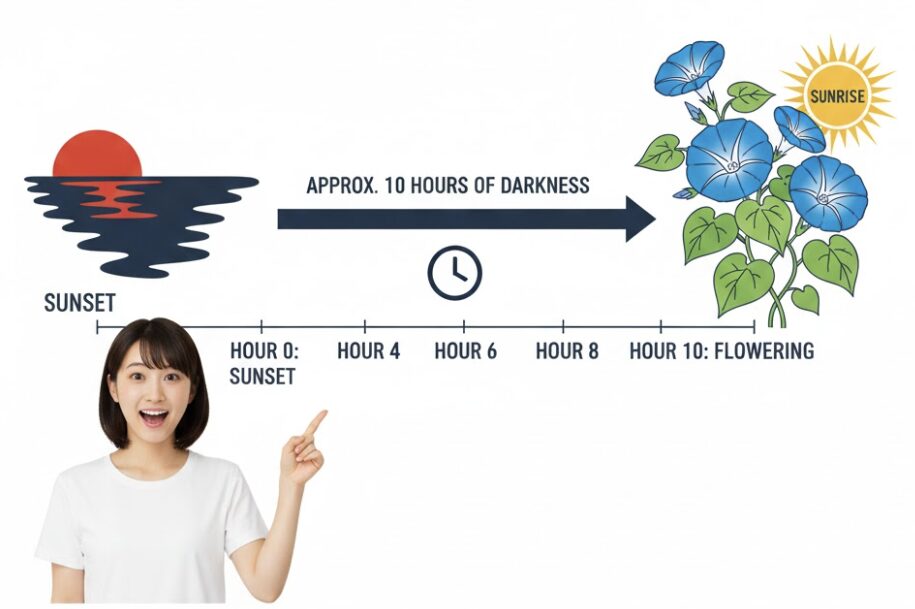 朝顔いつ咲く2　朝顔の開花メカニズムの図解。日没から約10時間後の暗期を経て花が咲く仕組み