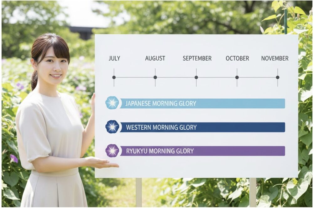 朝顔いつ咲く3　朝顔の種類別開花時期カレンダー。日本朝顔は夏、西洋朝顔と琉球朝顔は秋まで楽しめることを示す図