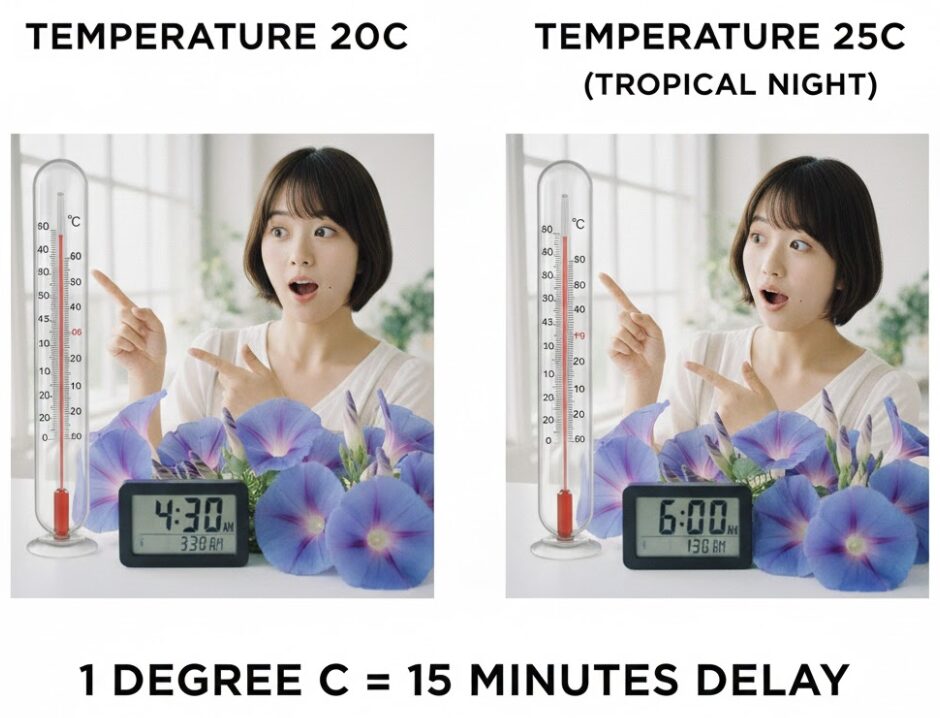 朝顔いつ咲く4　気温による朝顔の開花時間の変化を示す図。夜間の気温が高いと開花が遅れる法則の解説