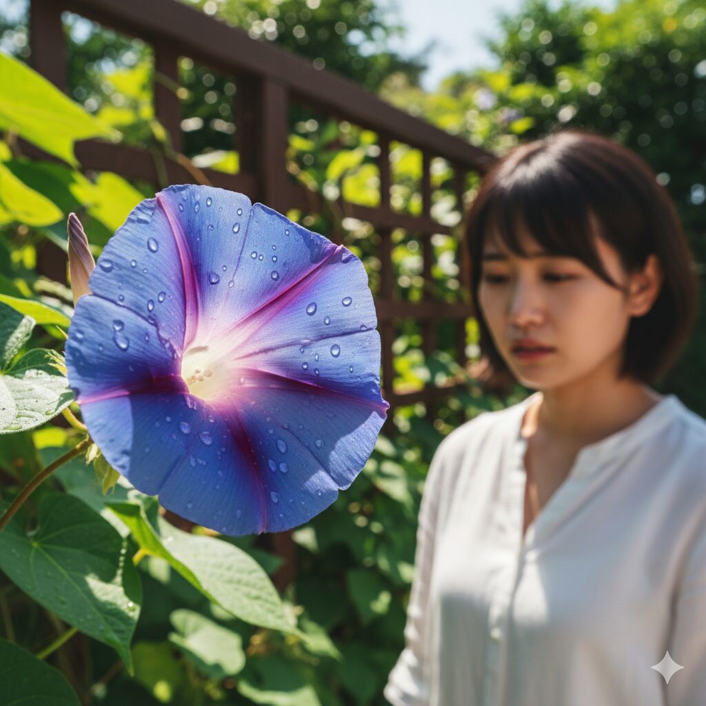 朝顔いつ咲く5　昼間の強い日差しでしぼんだ朝顔の花。水分蒸発によりお昼前には閉じてしまう一日花の様子