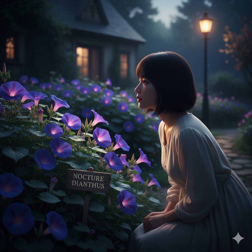 朝顔いつ咲く6　秋の夜明け前、暗闇の中で既に満開になっている朝顔。日没が早まることで深夜に開花する現象