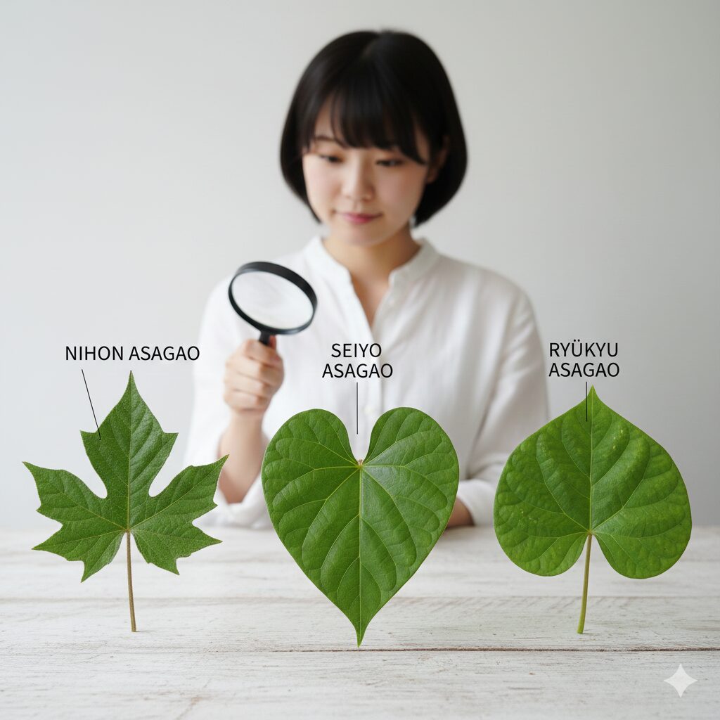 朝顔いつ咲く7　朝顔の種類を見分ける葉の形の違い。日本朝顔、西洋朝顔、琉球朝顔の葉の特徴比較図