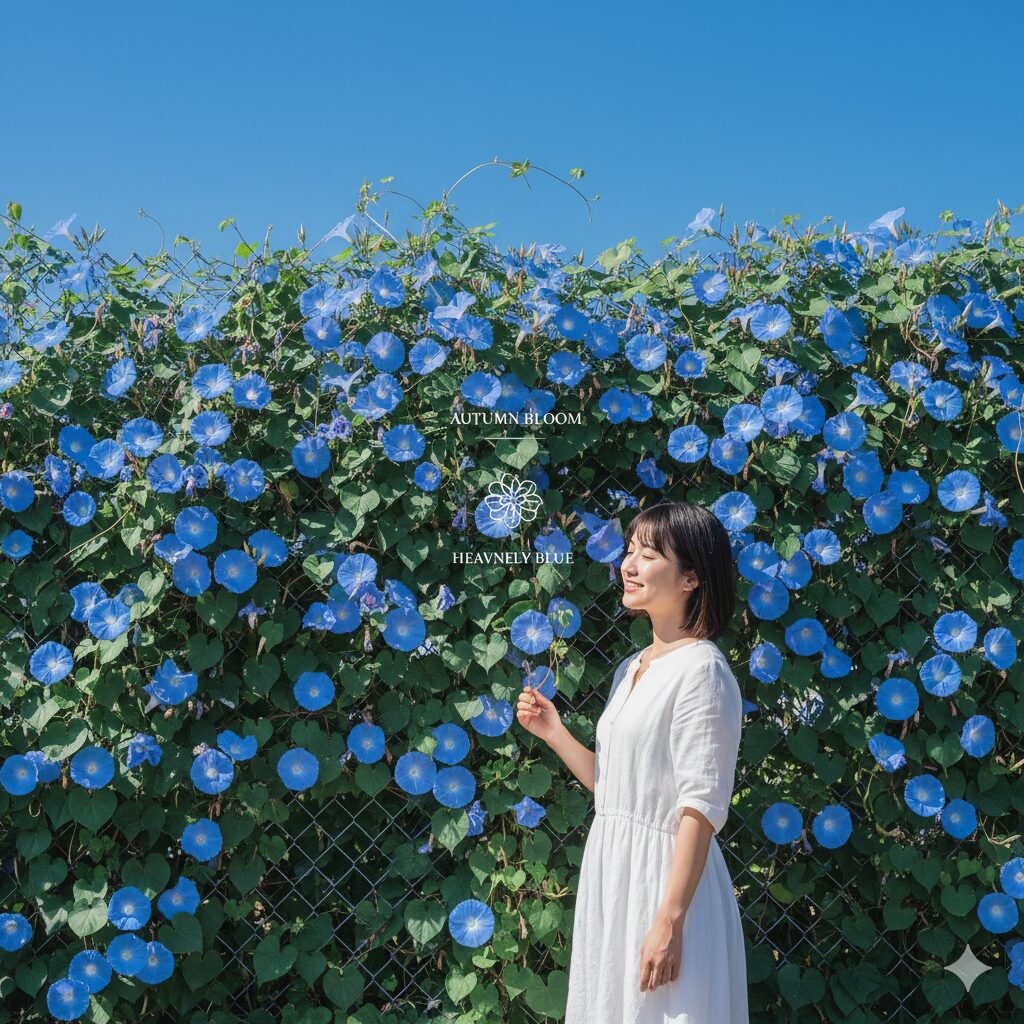 朝顔いつ咲く8　秋に満開を迎えた西洋朝顔ヘブンリーブルー。鮮やかな青い花がフェンス一杯に咲く様子