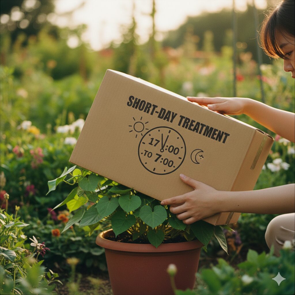 朝顔いつ咲く9　朝顔を咲かせるための短日処理の方法。段ボール箱を被せて人工的に暗闇を作る手順のイラスト