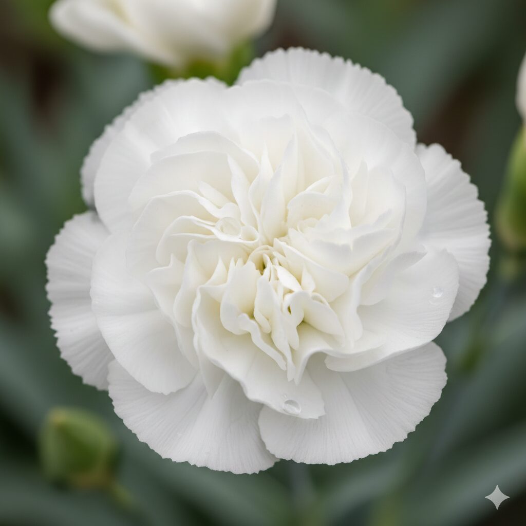 白い カーネーション 花言葉 白いカーネーションのアップ 純粋な愛という花言葉の象徴