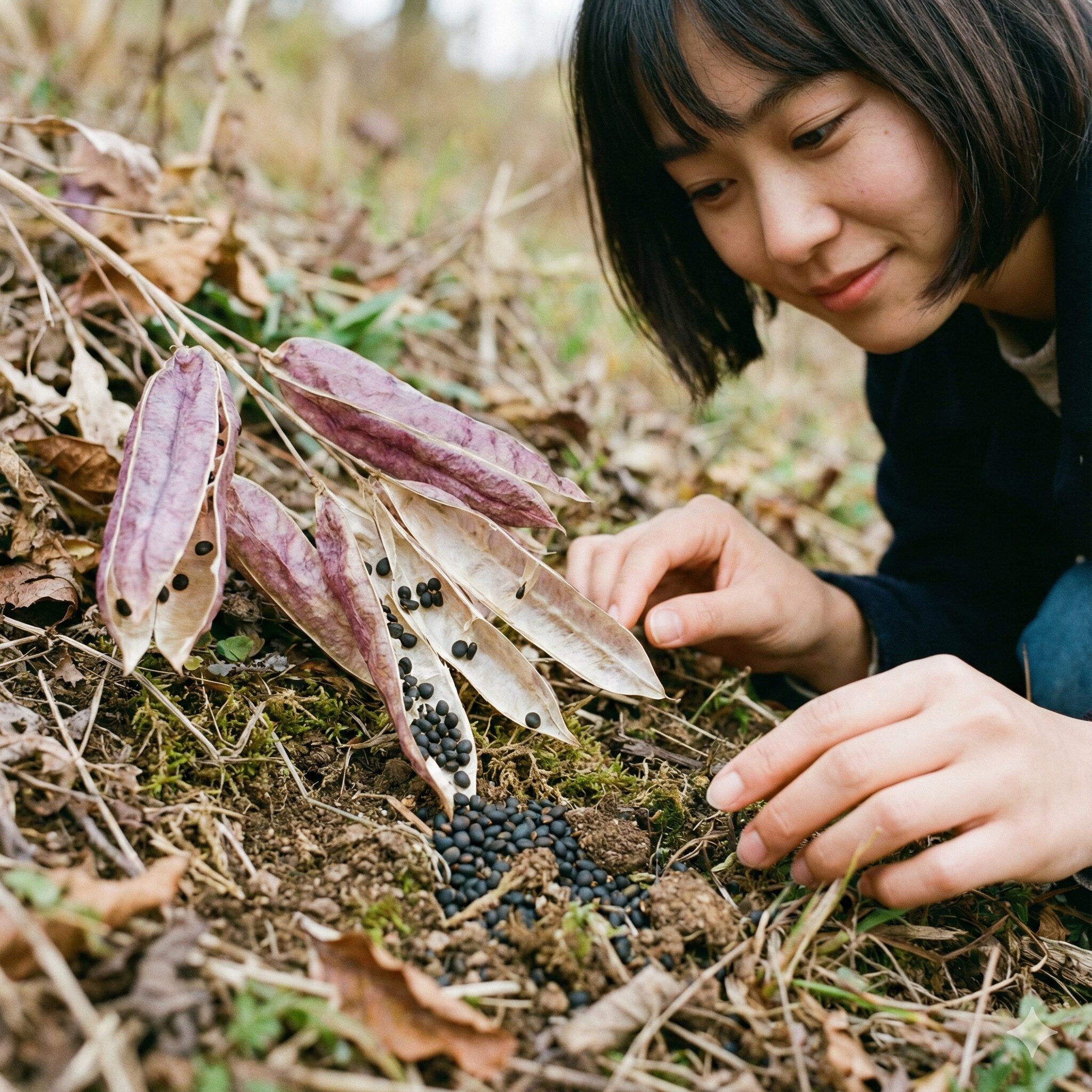 紫花菜 種まき10　こぼれ種のために完熟して弾けた紫花菜のサヤと種子