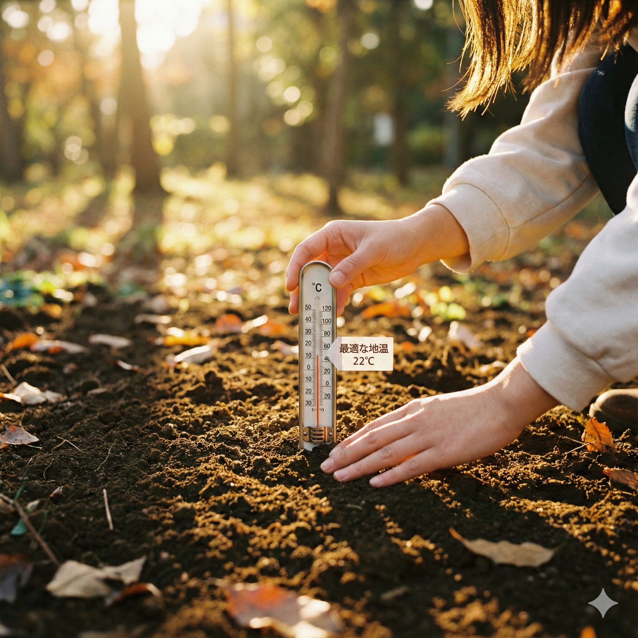 紫花菜 種まき2　紫花菜の種まきに適した地温22度を示す園芸用温度計
