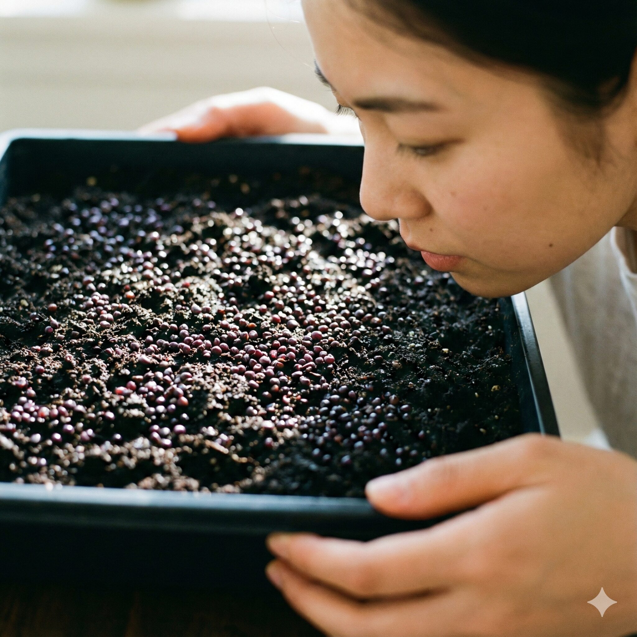 紫花菜 種まき3　発芽に光が必要な紫花菜の種を土の表面にまいた状態