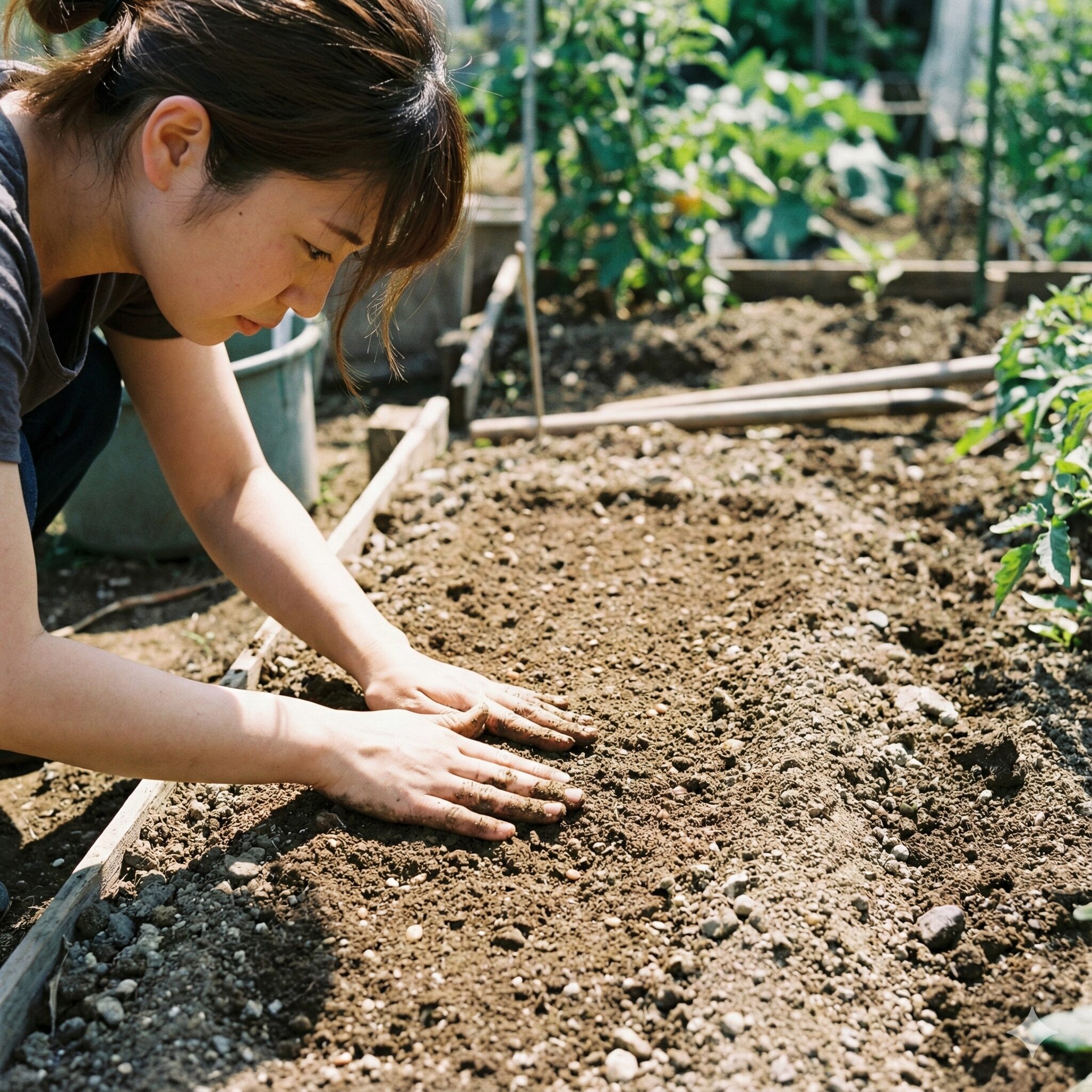 紫花菜 種まき4　紫花菜の種と土を密着させるために手のひらで行う鎮圧作業
