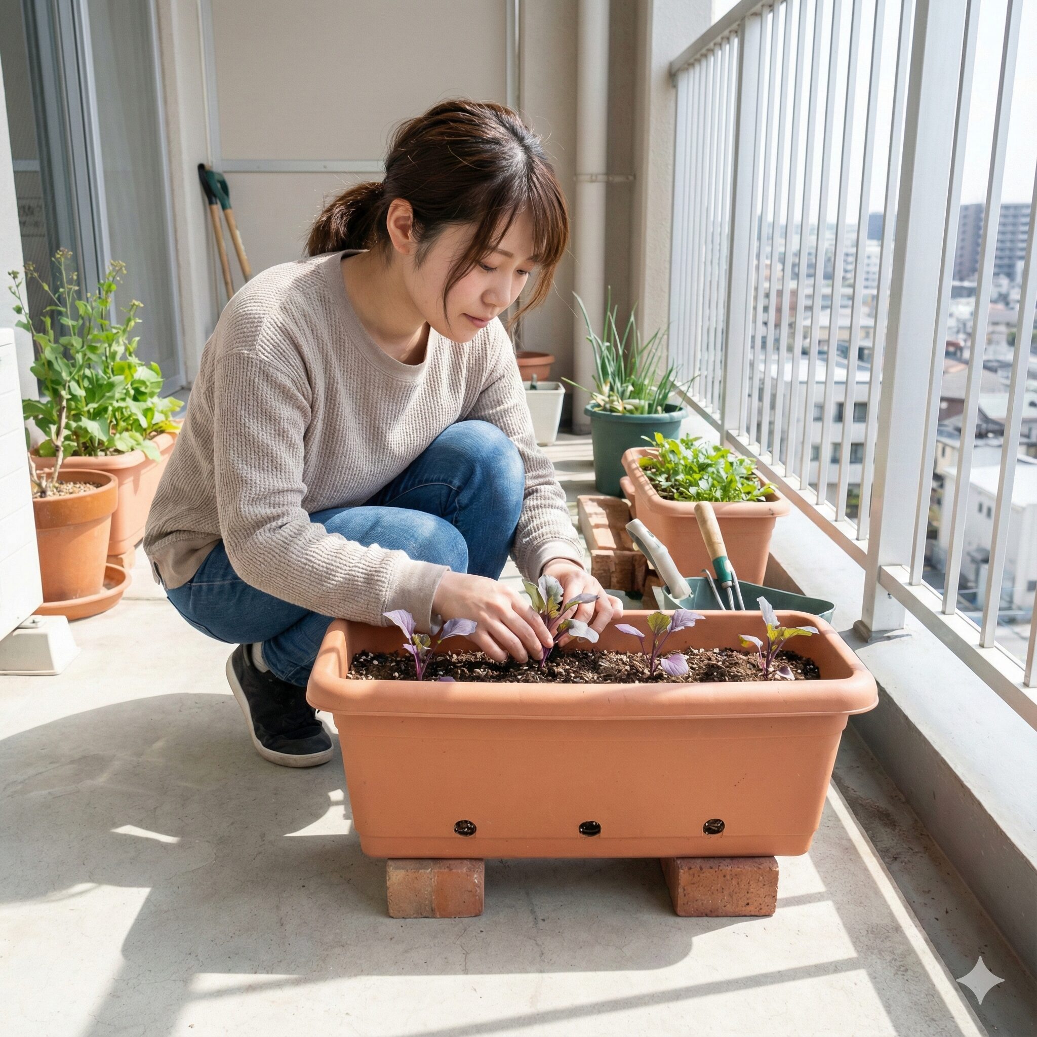 紫花菜 種まき5　ベランダで深型プランターとレンガを使用して育てる紫花菜