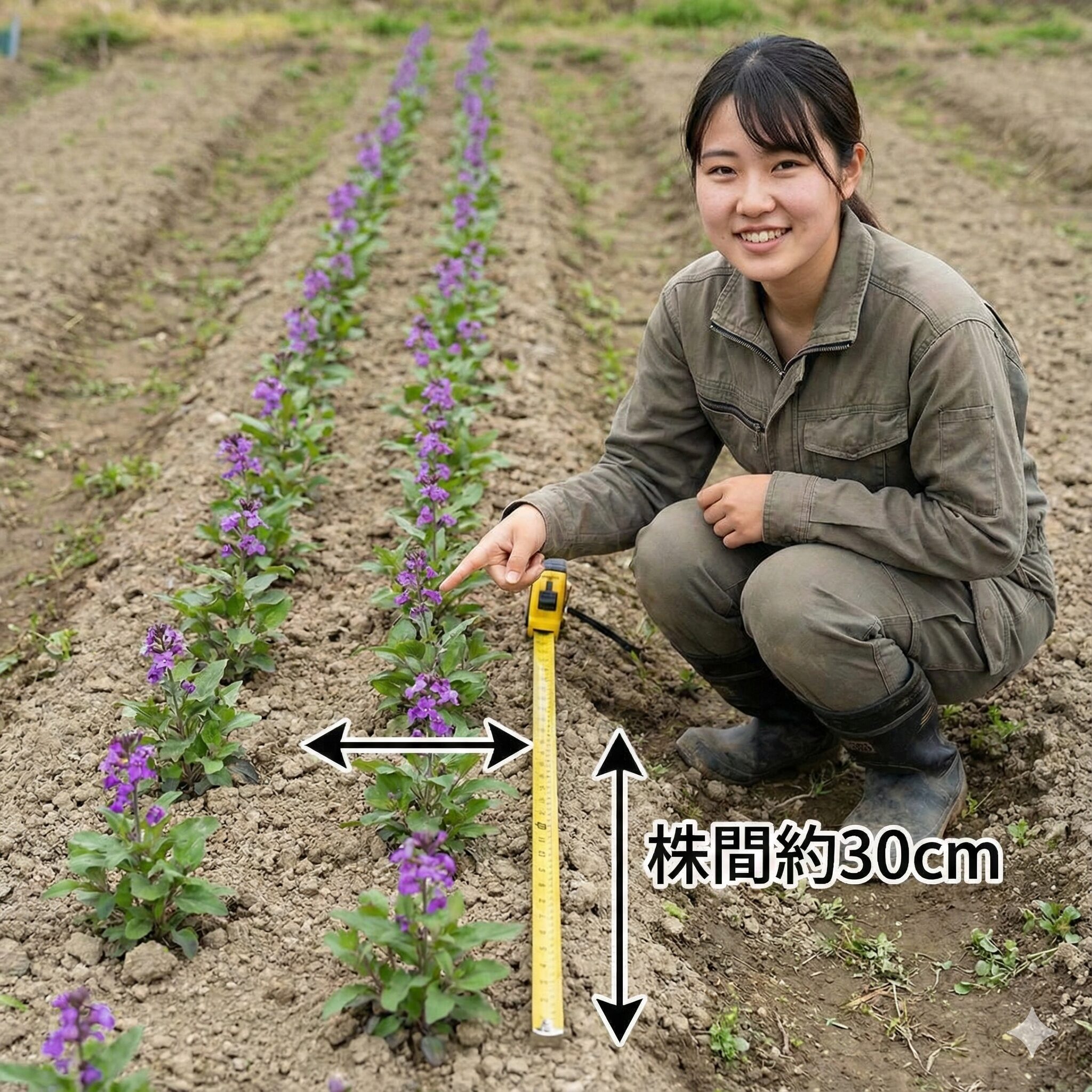 紫花菜 種まき6　紫花菜の健康な成長のために30cmの株間を確保した様子