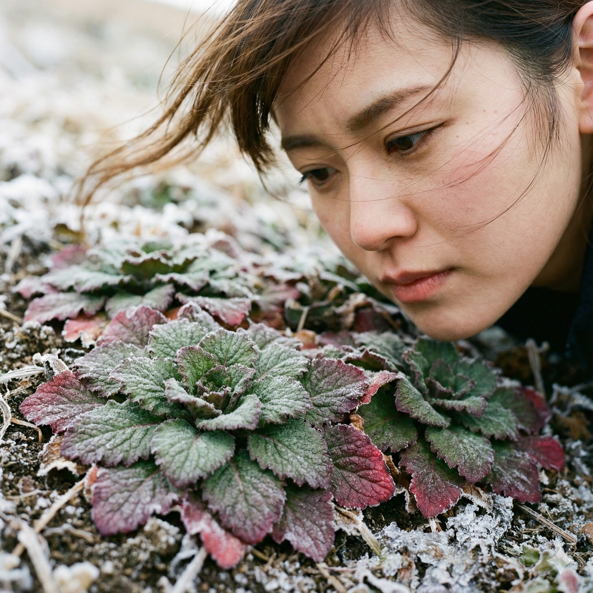 紫花菜 種まき8　寒さに耐えるために地面に張り付く紫花菜のロゼット状態