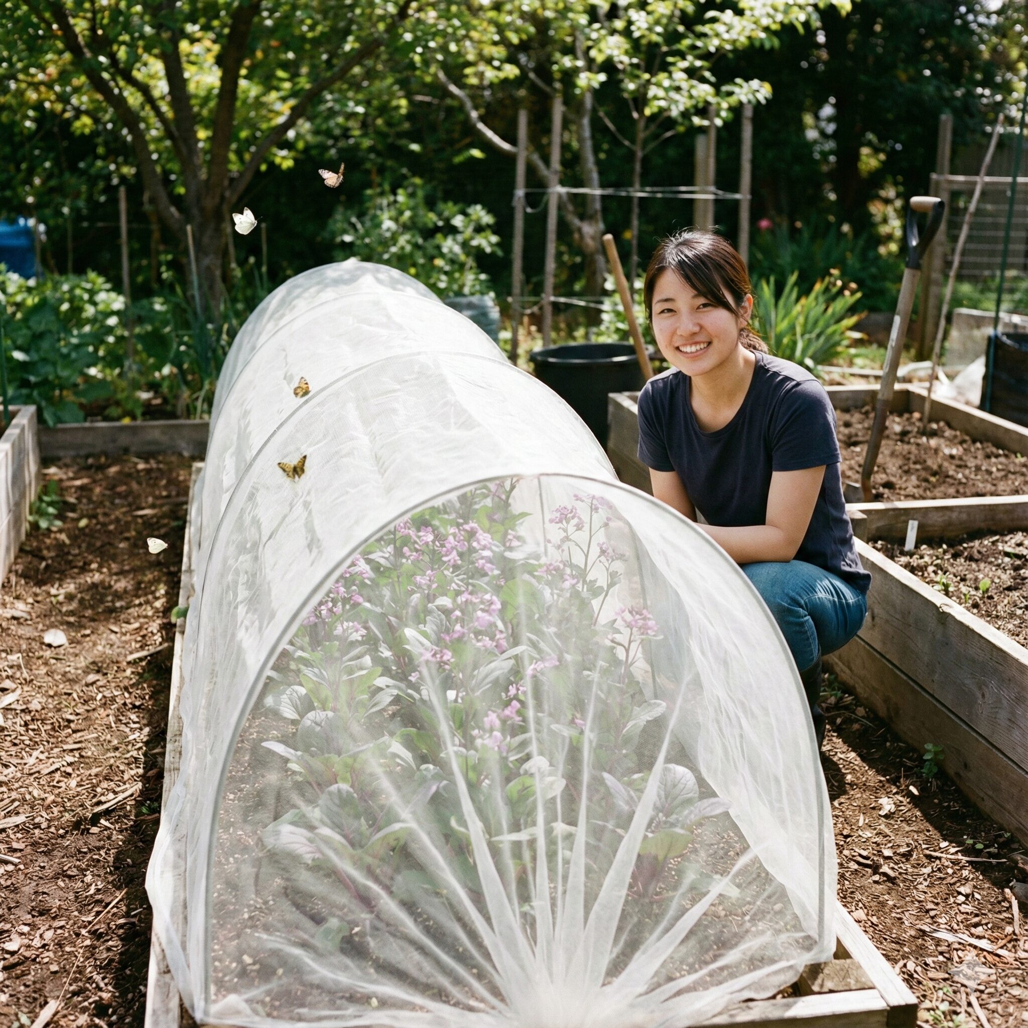 紫花菜 種まき9　アオムシやアブラムシの被害を防ぐための白い防虫ネット
